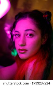 Model With Green Hair Fashion Photography Pink Neon Light