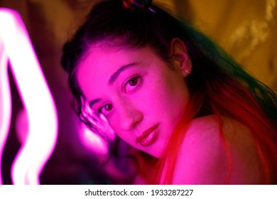 Model With Green Hair Fashion Photography Pink Neon Light