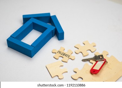 Model  House Made From Wooden Block And Wooden Puzzle With Text Probate On White Background. Property And Mortgage Concept.