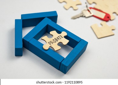 Model  House Made From Wooden Block And Wooden Puzzle With Text Probate On White Background. Property And Mortgage Concept.