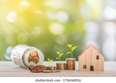 Model houses and banks, bottles and coins with increased value and growth of trees are places placed on tables in parks, business investments and loans for real estate or buying house concepts.