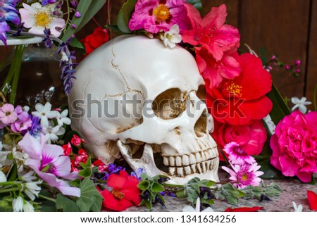 Model of a human skull surrounded by beautiful flowers, concept of death acceptance and loss.