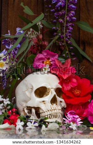 Model of a human skull surrounded by beautiful flowers, concept of death acceptance and loss.