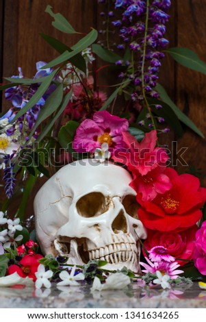 Model of a human skull surrounded by beautiful flowers, concept of death acceptance and loss.