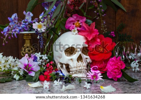 Model of a human skull surrounded by beautiful flowers, concept of death acceptance and loss.