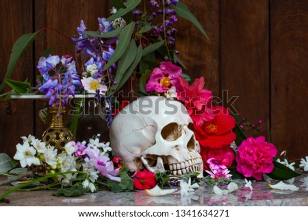 Model of a human skull surrounded by beautiful flowers, concept of death acceptance and loss.