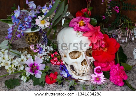 Model of a human skull surrounded by beautiful flowers, concept of death acceptance and loss.