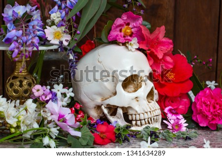 Model of a human skull surrounded by beautiful flowers, concept of death acceptance and loss.