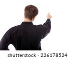 model isolated on plain background back pointing