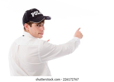 model isolated on plain background looking at camera pointing