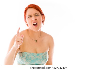 Model Isolated On Plain Background Nagging Scolding With Finger