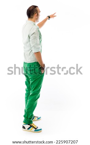 model isolated on plain background back pointing