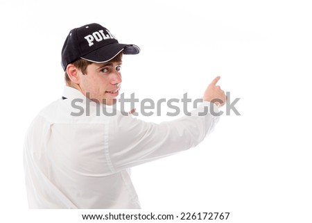 model isolated on plain background looking at camera pointing