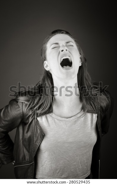 model\
isolated on plain background furious\
screaming