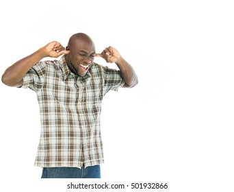 Model Isolated White Background Plugging Ears Too Noisy