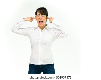 Model Isolated White Background Plugging Ears Too Noisy