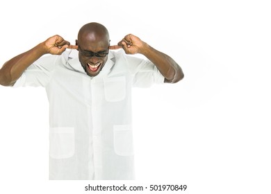 Model Isolated White Background Plugging Ears Too Noisy