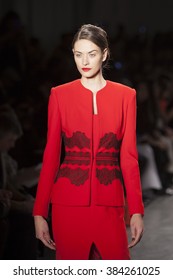 Model Jaquelini Bertan walks at Zang Toi Runway Fall Winter 2016 Collection during New York Fashion Week at Pier 59 Studios on February 13, 2016 in New York City