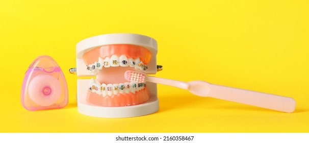 Model Of Jaw With Braces, Dental Floss And Tooth Brush On Yellow Background