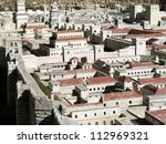 Model of Jerusalem dating from the time of the Second Temple.  The palace of the High Priest Caiaphas and Herod (in the background)