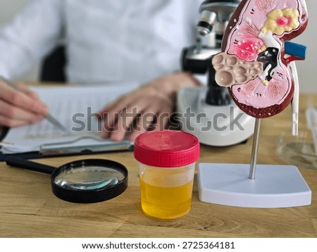 Model of a kidney with a sample cup and microscope on a table during a lab activity involving medical education