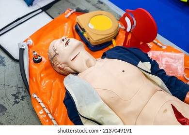 Model Man Stretcher. First Aid For Injuries Concept.