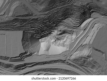 Model of a mine elevation. GIS 3D product made after processing aerial pictures taken from a drone. It shows excavation site with steep rock walls
