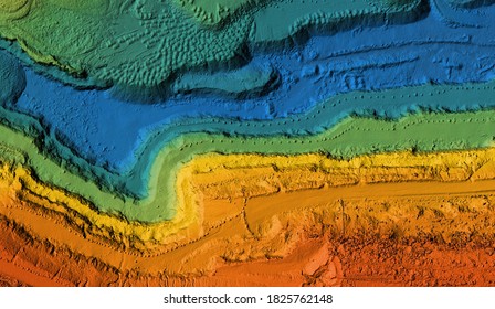 Model of a mine elevation. GIS product made after processing aerial pictures taken from a drone. It shows excavation site with steep rock walls