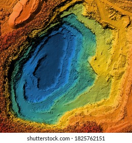 Model of a mine elevation. GIS product made after processing aerial pictures taken from a drone. It shows excavation site with steep rock walls - Shutterstock ID 1825762151