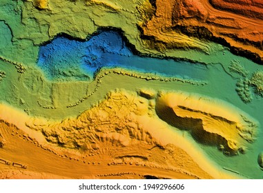 Model of a mine elevation. GIS product made after processing aerial pictures taken from a drone. It shows excavation site with steep rock walls