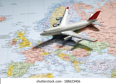 Model of a passenger aircraft on a map of Europe