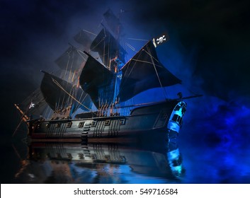 Model Pirate Ship With Fog And Water