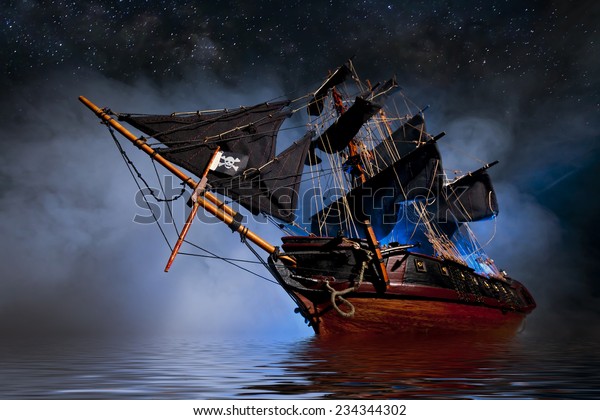 Model Pirate Ship with fog\
and water