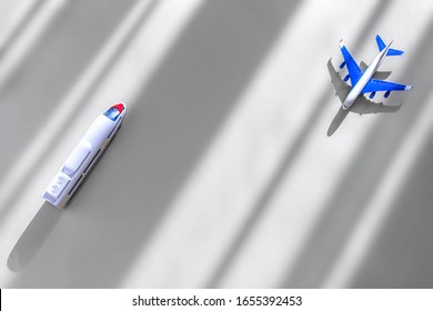 Model Plane And Bullet Train On Grey Pastel Color Background With Shadow. Miniature Toy Airplane And Train. Top View, Flat Lay, Copy Space. Concept Of Travel And Vacation.