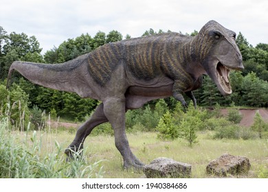 A Model Of A Prehistoric Dinosaur Made Available To Visitors To A Jurassic Park To Learn About The History Of Many Millions Of Years. In The Background, Vegetation And Terrain Resembling The Natural H