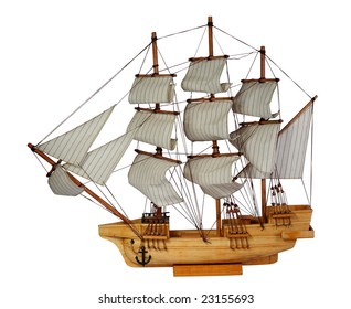 Model Of Ship With Sails On A White Background