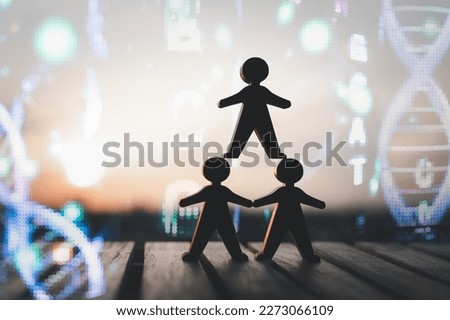 ฺฺBusiness model standing on another man who was an employee with lighting of DNA on the sky. The concept leaders and subordinates, Gene and DNA in job selection. Working together in a business.
