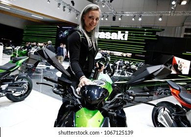 A Model Stands In Kawasaki Motorcycle During The European Motor Show In Brussels, Belgium On Jan. 16, 2017 