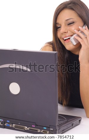 Model talking on the phone checking email upclose vertical