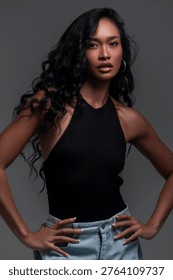 Model tests, model poses in studio against simple background.