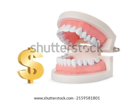 Model of tooth and golden dollar sign on white background. Concept of expensive dental procedures
