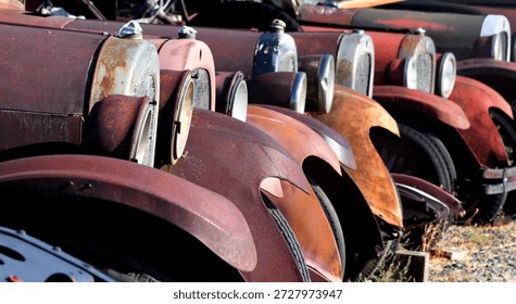 Model Ts and Model As are parked in row, rusting, faded and weathered.  Visible are fenders, radiators and headlights.