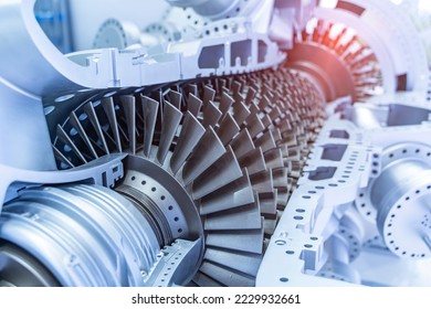 Model of turbine engine with longitudinal section for studying arrangement of blades and combustion chambers - Shutterstock ID 2229932661
