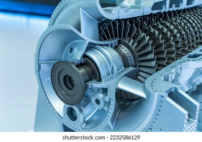 Model of turbine engine with longitudinal section for studying arrangement of blades and combustion chambers