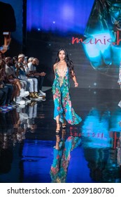 A model walks the runway for the Designer Manish Vaid by JSquad Swimwear Fashion Show during Art, Hearts, Fashion Swim Week  at the Faena Forum in Miami Beach on 
 7- 9- 2021