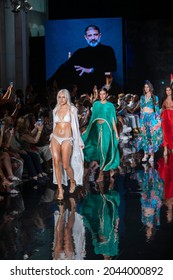 A model walks the runway for the Designer Manish Vaid by JSquad Swimwear Fashion Show during Art, Hearts, Fashion Swim Week  at the Faena Forum in Miami Beach on 
 7- 9- 2021