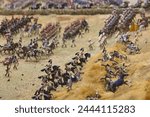 Model of Waterloo battle with tin miniature soldiers troops. Combat