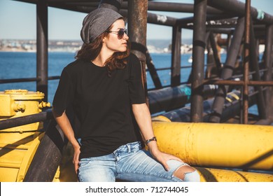 Model Wearing Plain Black T-shirt And Hipster Sunglasses, Teen Urban Clothing Style, Mockup For Tshirt Print Store