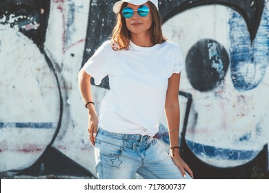 Model Wearing Plain White Tshirt And Hipster Sunglasses Posing Against Street Wall, Teen Urban Clothing Style