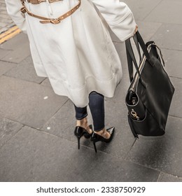 Model Woman in City Street with Black Leather Bag Urban Woman Stylish Street Picture  - Shutterstock ID 2338750929